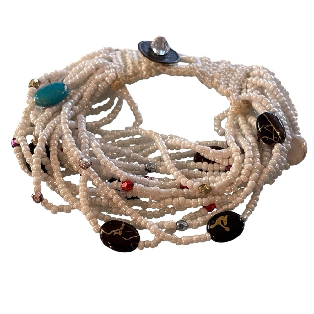 Bohemian‎ Bracelet White Seed Bead Multi Strand Ethnic Crochet Toggle Button - Picture 5 of 16